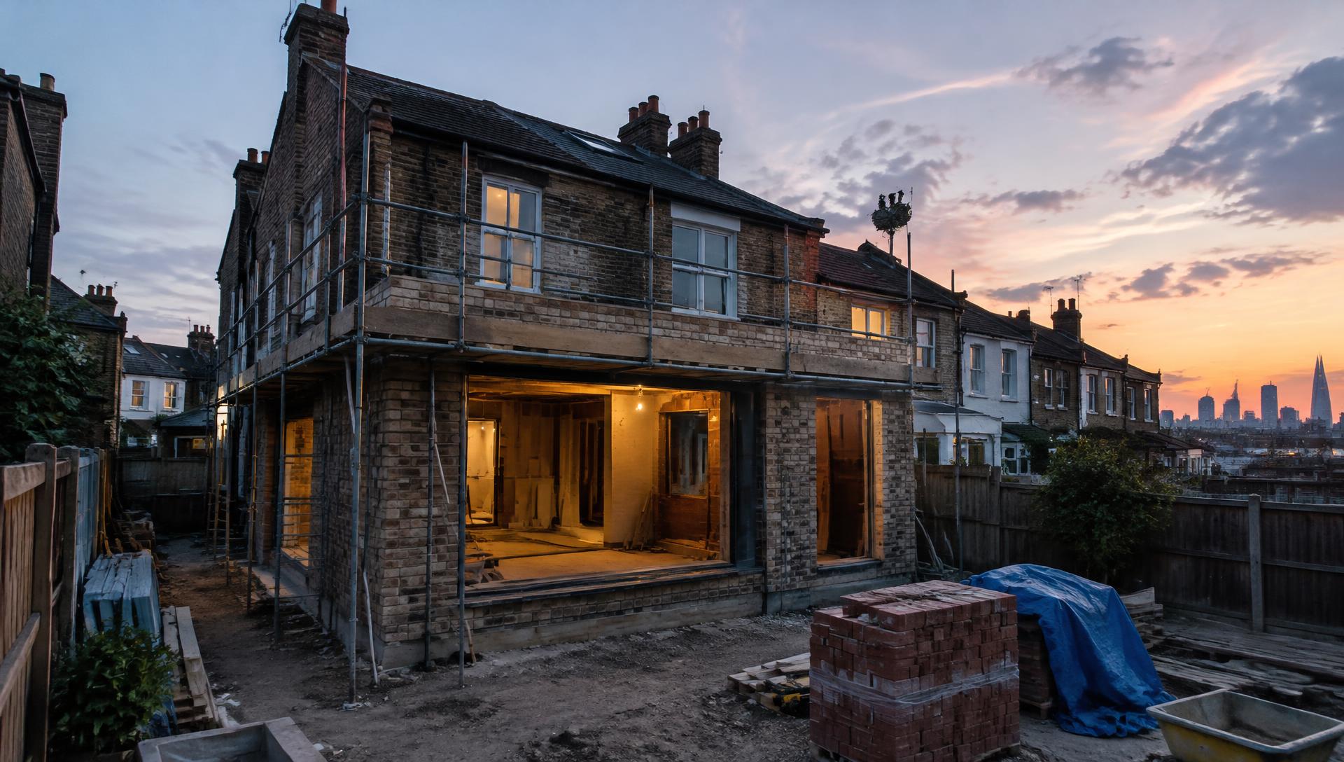 House extension under construction in East London at dusk